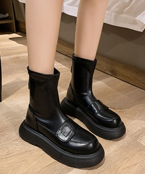 STYLEBLOCK（スタイルブロック）の「バックファスナー仕様厚底ショートブーツ（ブーツ・レディース・ブラック/オフホワイト・40/39/38/37/36/35）」の2枚目の写真