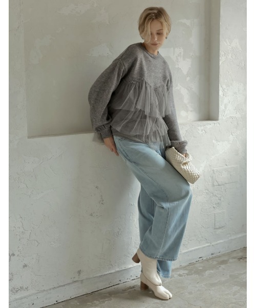 Re:EDIT（リエディ）の「[2024-25 WINTER COLLECTION]チュールギャザーモヘアタッチニットプルオーバー（ニット/セーター・レディース・グレー/ブラック/アイボリー・MEDIUM/LARGE）」の11枚目の写真