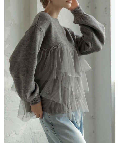 Re:EDIT（リエディ）の「[2024-25 WINTER COLLECTION]チュールギャザーモヘアタッチニットプルオーバー（ニット/セーター・レディース・グレー/ブラック/アイボリー・MEDIUM/LARGE）」の14枚目の写真