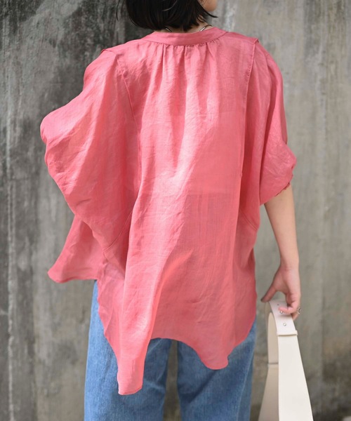 セール】袖ギャザーリネンブラウス（麻100%ブラウス）（シャツ