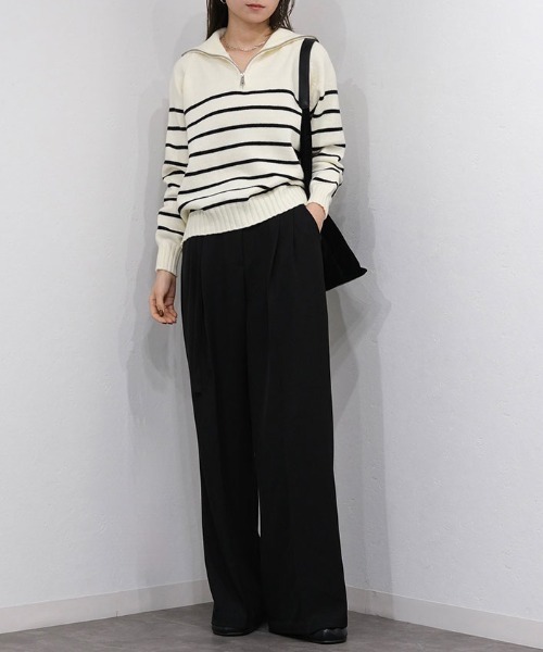 Reurie'（レウリィ）の「ベルト付きタックストレートパンツ／tuck straight belt set pants ロング丈 シンプル きれいめ 大人カジュアル モード ベーシック グレー ブラック 黒 モノトーン（スラックス・レディース・ブラック/グレー・M/S）」の2枚目の写真