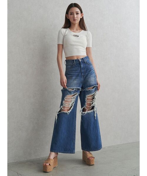 GYDA(ジェイダ)の「GD bijou MOLDハーフスリーブニットトップス(ニット/セーター・レディース・スカイブルー/ブラック/オフホワイト/ピンク・FREE)」の6枚目の写真