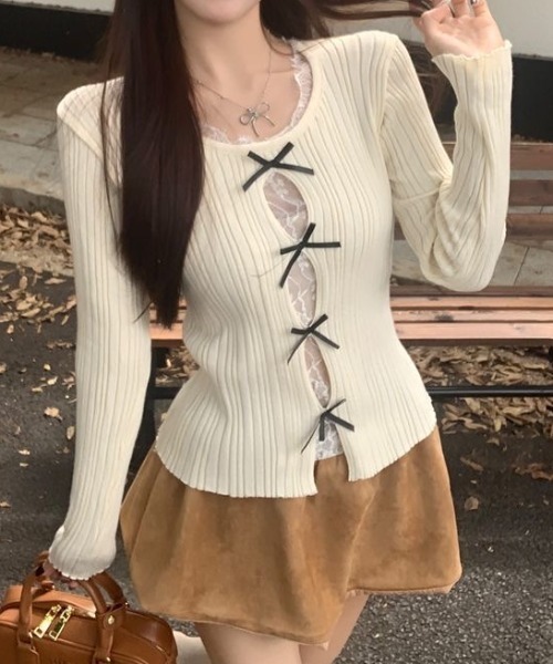 SHEENA（シーナ）の「レースレイヤードリボンリブニットトップス（ニット/セーター・レディース・グレー/ブラック/アイボリー・M）」の14枚目の写真