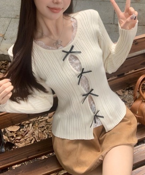 SHEENA（シーナ）の「レースレイヤードリボンリブニットトップス（ニット/セーター・レディース・グレー/ブラック/アイボリー・M）」の15枚目の写真