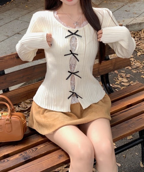 SHEENA（シーナ）の「レースレイヤードリボンリブニットトップス（ニット/セーター・レディース・グレー/ブラック/アイボリー・M）」の17枚目の写真