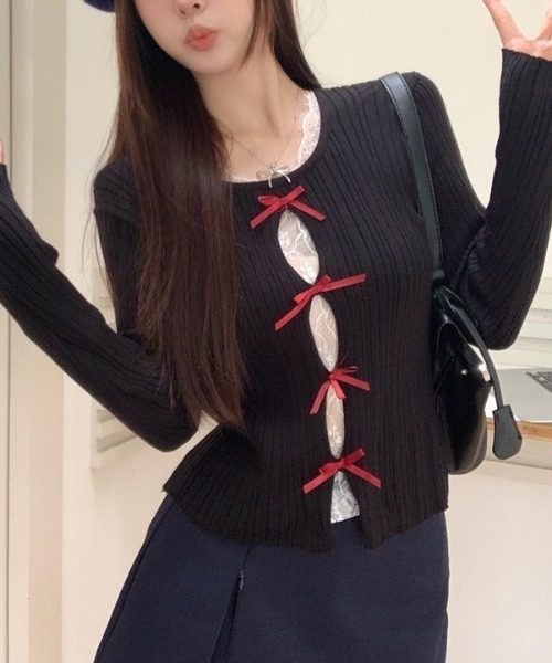 SHEENA（シーナ）の「レースレイヤードリボンリブニットトップス（ニット/セーター・レディース・グレー/ブラック/アイボリー・M）」の5枚目の写真