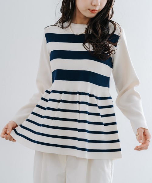 ANNA LUNA(アンナルナ)の「【ANNA LUNA】女性らしいシルエット が ポイントの ボーダー ペプラム ニット プルオーバー(ニット/セーター・レディース・オフホワイト/ブラック・MEDIUM)」の4枚目の写真