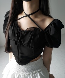 【 2color / 2WAY 】フロントリボンクロスネック半袖シフォンブラウス / front ribbon cross neck short sleeve chiffon blouse