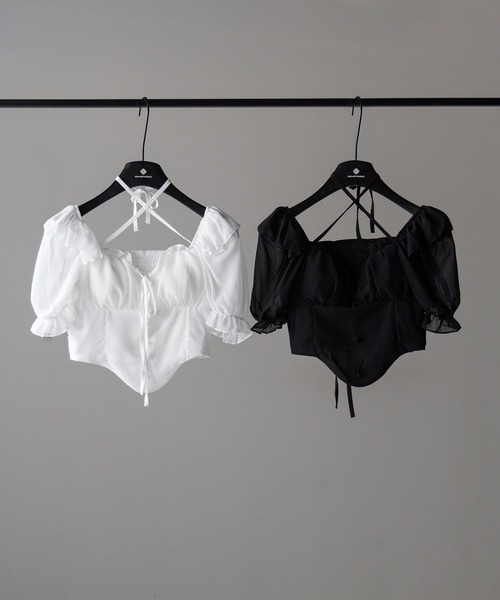 me+em select（ミームセレクト）の「【 ２color ／ ２WAY 】フロントリボンクロスネック半袖シフォンブラウス ／  front ribbon cross neck short sleeve chiffon blouse（シャツ/ブラウス・レディース・ホワイト/ブラック・FREE）」の3枚目の写真