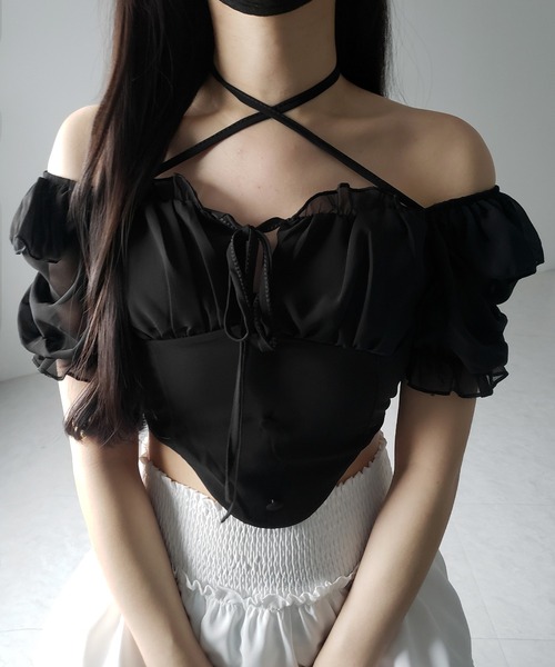 me+em select（ミームセレクト）の「【 ２color ／ ２WAY 】フロントリボンクロスネック半袖シフォンブラウス ／  front ribbon cross neck short sleeve chiffon blouse（シャツ/ブラウス・レディース・ホワイト/ブラック・FREE）」の4枚目の写真