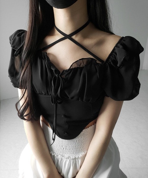 me+em select（ミームセレクト）の「【 ２color ／ ２WAY 】フロントリボンクロスネック半袖シフォンブラウス ／  front ribbon cross neck short sleeve chiffon blouse（シャツ/ブラウス・レディース・ホワイト/ブラック・FREE）」の5枚目の写真