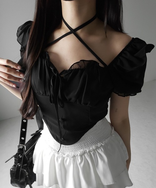 me+em select（ミームセレクト）の「【 ２color ／ ２WAY 】フロントリボンクロスネック半袖シフォンブラウス ／  front ribbon cross neck short sleeve chiffon blouse（シャツ/ブラウス・レディース・ホワイト/ブラック・FREE）」の6枚目の写真