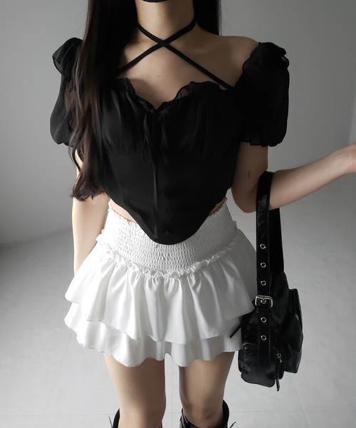 me+em select（ミームセレクト）の「【 ２color ／ ２WAY 】フロントリボンクロスネック半袖シフォンブラウス ／  front ribbon cross neck short sleeve chiffon blouse（シャツ/ブラウス・レディース・ホワイト/ブラック・FREE）」の7枚目の写真