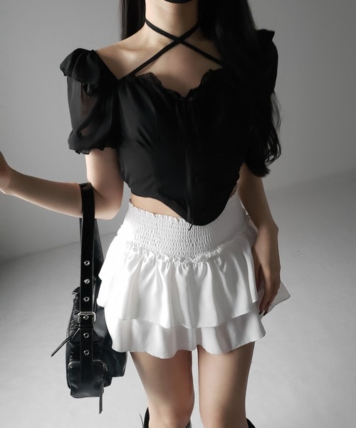 me+em select（ミームセレクト）の「【 ２color ／ ２WAY 】フロントリボンクロスネック半袖シフォンブラウス ／  front ribbon cross neck short sleeve chiffon blouse（シャツ/ブラウス・レディース・ホワイト/ブラック・FREE）」の8枚目の写真