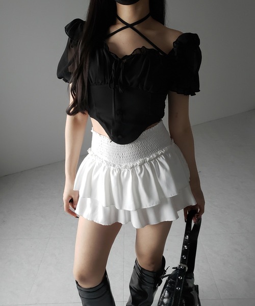 me+em select（ミームセレクト）の「【 ２color ／ ２WAY 】フロントリボンクロスネック半袖シフォンブラウス ／  front ribbon cross neck short sleeve chiffon blouse（シャツ/ブラウス・レディース・ホワイト/ブラック・FREE）」の9枚目の写真