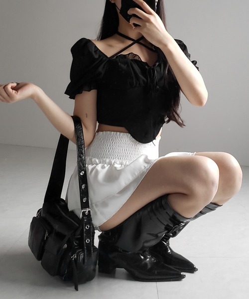 me+em select（ミームセレクト）の「【 ２color ／ ２WAY 】フロントリボンクロスネック半袖シフォンブラウス ／  front ribbon cross neck short sleeve chiffon blouse（シャツ/ブラウス・レディース・ホワイト/ブラック・FREE）」の10枚目の写真