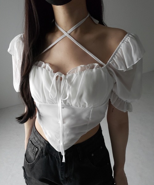 me+em select（ミームセレクト）の「【 ２color ／ ２WAY 】フロントリボンクロスネック半袖シフォンブラウス ／  front ribbon cross neck short sleeve chiffon blouse（シャツ/ブラウス・レディース・ホワイト/ブラック・FREE）」の14枚目の写真
