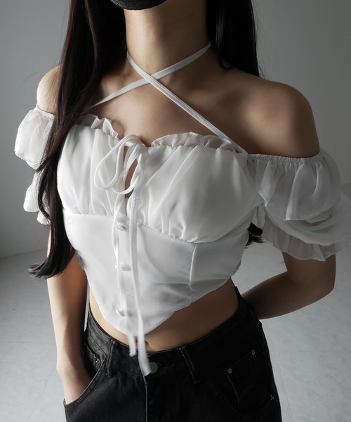me+em select（ミームセレクト）の「【 ２color ／ ２WAY 】フロントリボンクロスネック半袖シフォンブラウス ／  front ribbon cross neck short sleeve chiffon blouse（シャツ/ブラウス・レディース・ホワイト/ブラック・FREE）」の15枚目の写真