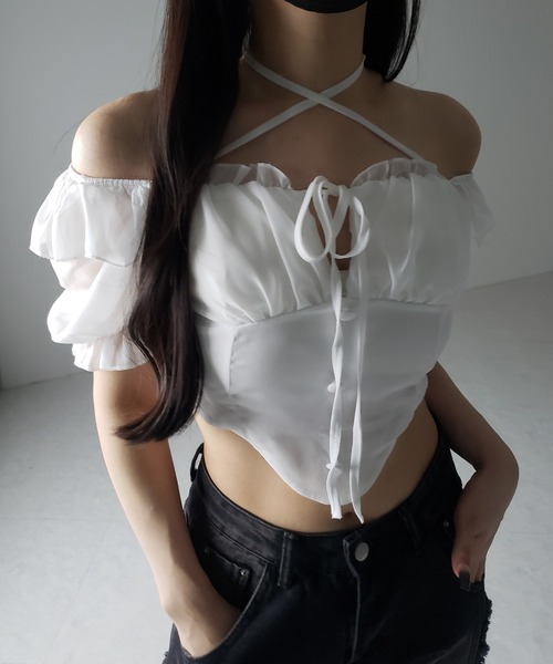 me+em select（ミームセレクト）の「【 ２color ／ ２WAY 】フロントリボンクロスネック半袖シフォンブラウス ／  front ribbon cross neck short sleeve chiffon blouse（シャツ/ブラウス・レディース・ホワイト/ブラック・FREE）」の16枚目の写真