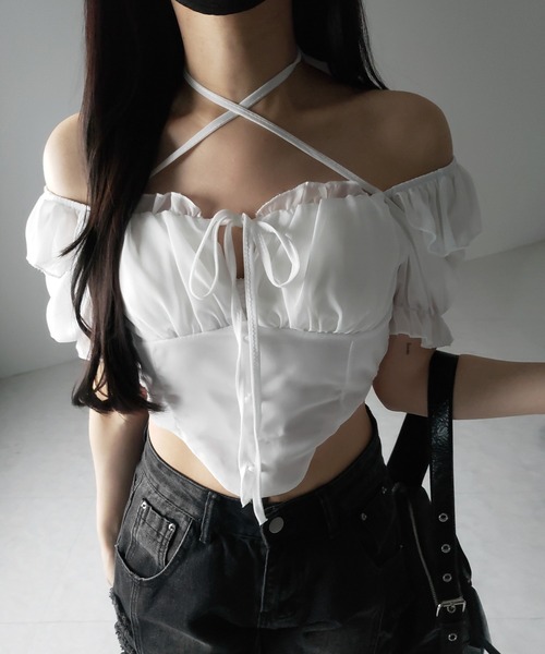 me+em select（ミームセレクト）の「【 ２color ／ ２WAY 】フロントリボンクロスネック半袖シフォンブラウス ／  front ribbon cross neck short sleeve chiffon blouse（シャツ/ブラウス・レディース・ホワイト/ブラック・FREE）」の17枚目の写真