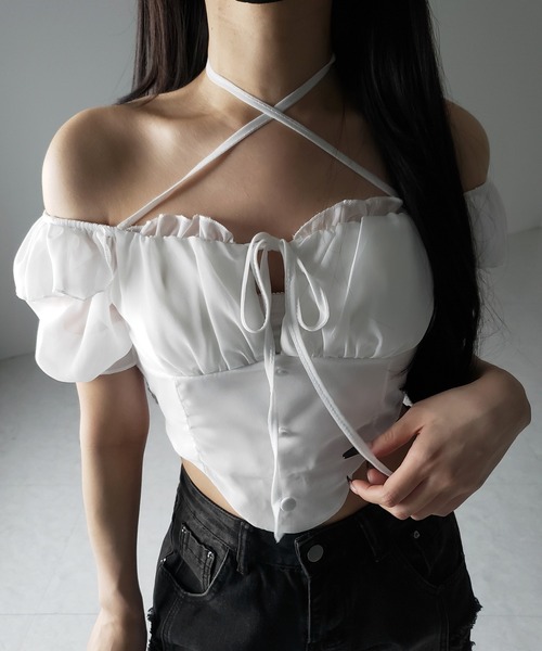 me+em select（ミームセレクト）の「【 ２color ／ ２WAY 】フロントリボンクロスネック半袖シフォンブラウス ／  front ribbon cross neck short sleeve chiffon blouse（シャツ/ブラウス・レディース・ホワイト/ブラック・FREE）」の18枚目の写真