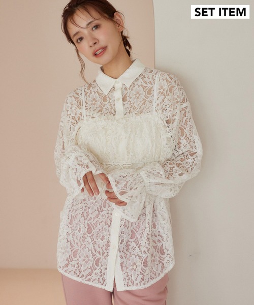 mysty woman（ミスティウーマン）の「キャミビスチェSETシャツ　320397（シャツ/ブラウス・レディース・アイボリー/ピンク/オフホワイト/ブラック・FREE）」の2枚目の写真