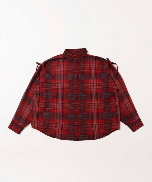 リボンシアー チェック ブラック mline] シャーリングシアーチェックブラウス | mystic