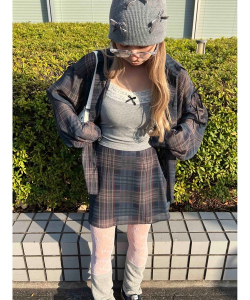 WC(ダブル シー)の「《セットアップ対象★》シアーチェックリボンビッグシャツ(シャツ/ブラウス・レディース・レッド/ネイビー・FREE)」の5枚目の写真
