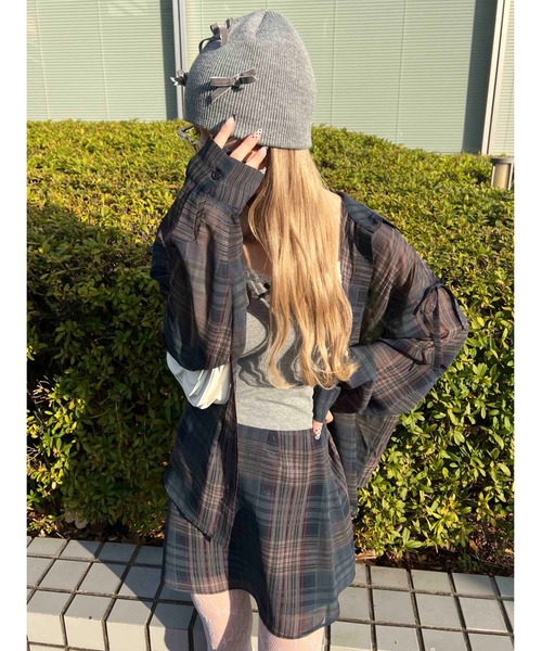 WC(ダブル シー)の「《セットアップ対象★》シアーチェックリボンビッグシャツ(シャツ/ブラウス・レディース・レッド/ネイビー・FREE)」の6枚目の写真