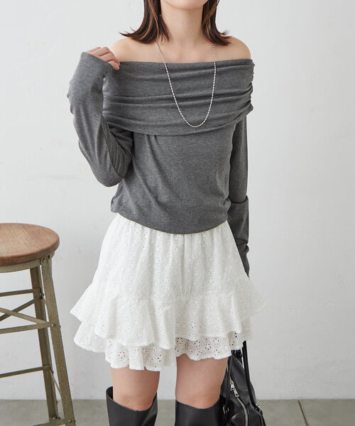 mline（エムライン）の「[mline]オフショルギャザートップス（Tシャツ/カットソー・レディース・ピンク/チャコールグレー/アイボリー・FREE）」の13枚目の写真