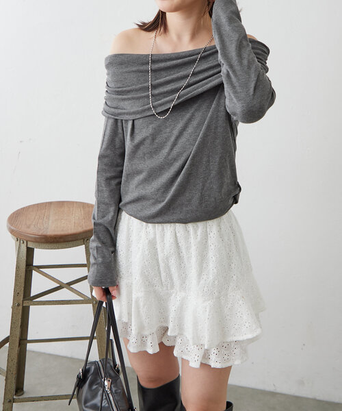 mline（エムライン）の「[mline]オフショルギャザートップス（Tシャツ/カットソー・レディース・ピンク/チャコールグレー/アイボリー・FREE）」の14枚目の写真