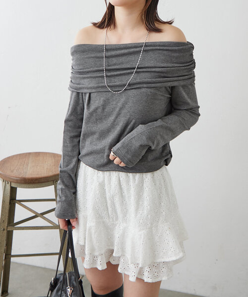 mline（エムライン）の「[mline]オフショルギャザートップス（Tシャツ/カットソー・レディース・ピンク/チャコールグレー/アイボリー・FREE）」の15枚目の写真