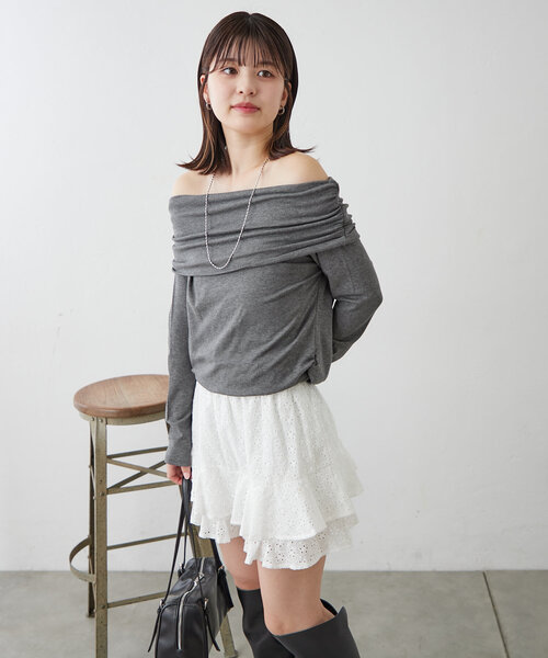 mline（エムライン）の「[mline]オフショルギャザートップス（Tシャツ/カットソー・レディース・ピンク/チャコールグレー/アイボリー・FREE）」の17枚目の写真