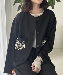 ノーカラージャケット（ブラック/黒色系・刺繍）ファッション