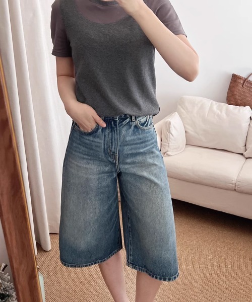 tageechita(タジチタ)の「【tageechita】ウォッシュデニム ワイド ハーフパンツ(デニムパンツ・レディース・インディゴブルー・L/M/S)」の5枚目の写真