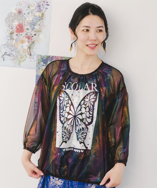 tシャツ 151661：蝶柄箔プリント オーロラシフォンプルオーバー レディース セール】151661：蝶柄箔プリント オーロラシフォンプルオーバー