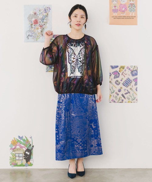 tシャツ 151661：蝶柄箔プリント オーロラシフォンプルオーバー レディース セール】151661：蝶柄箔プリント オーロラシフォンプルオーバー