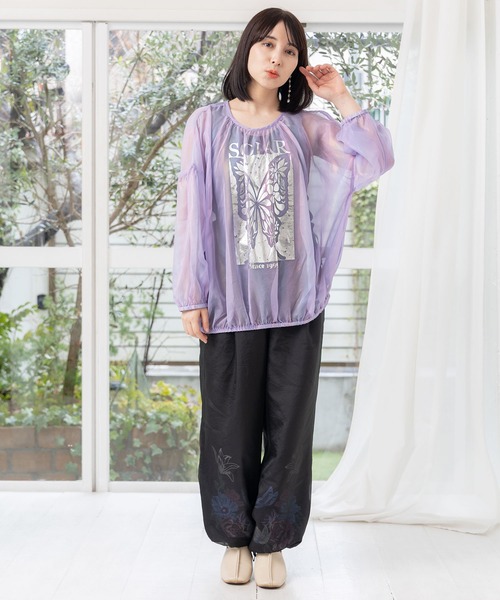 tシャツ 151661：蝶柄箔プリント オーロラシフォンプルオーバー レディース セール】151661：蝶柄箔プリント オーロラシフォンプルオーバー
