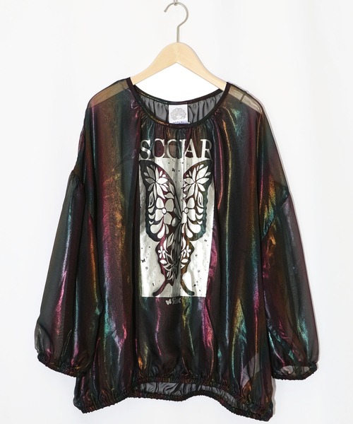 tシャツ 151661：蝶柄箔プリント オーロラシフォンプルオーバー レディース セール】151661：蝶柄箔プリント オーロラシフォンプルオーバー