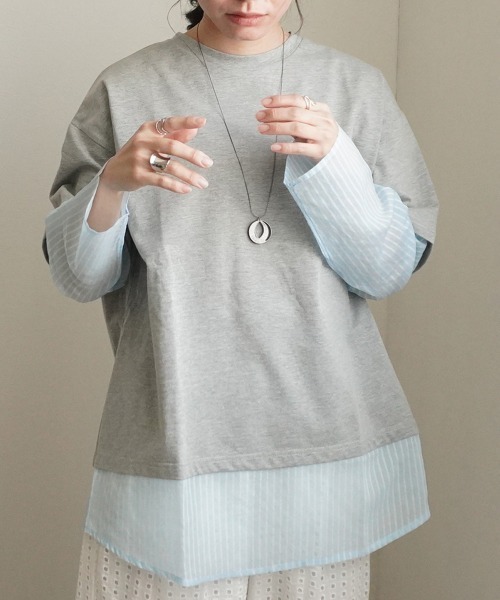 SELECT LEVERY(セレクトリベリー)の「シアーストライプレイヤードプルオーバー(Tシャツ/カットソー・レディース・ブラック/ピンク/グレー/オフホワイト・FREE)」の1枚目の写真