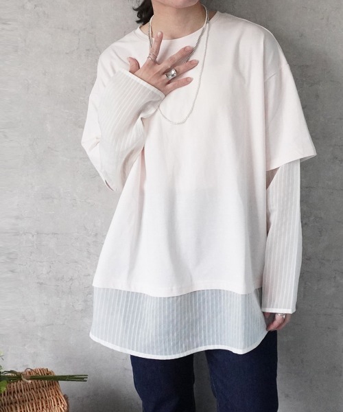 SELECT LEVERY(セレクトリベリー)の「シアーストライプレイヤードプルオーバー(Tシャツ/カットソー・レディース・ブラック/ピンク/グレー/オフホワイト・FREE)」の4枚目の写真