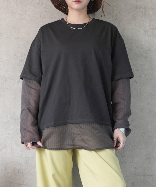 SELECT LEVERY(セレクトリベリー)の「シアーストライプレイヤードプルオーバー(Tシャツ/カットソー・レディース・ブラック/ピンク/グレー/オフホワイト・FREE)」の3枚目の写真