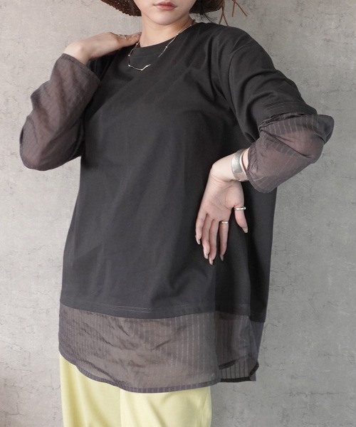 SELECT LEVERY(セレクトリベリー)の「シアーストライプレイヤードプルオーバー(Tシャツ/カットソー・レディース・ブラック/ピンク/グレー/オフホワイト・FREE)」の7枚目の写真