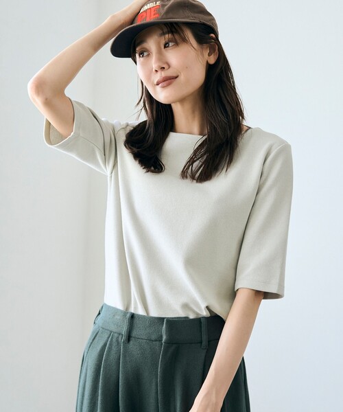 RONEL(ロネル)の「ボートネックジャージープルオーバー(Tシャツ/カットソー・レディース・ブラック/オリーブ/ホワイト/ライトグレー/ワイン・FREE)」の1枚目の写真