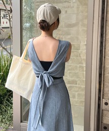 リゾートワンピ。夏大人バックリボンリネンワンピース