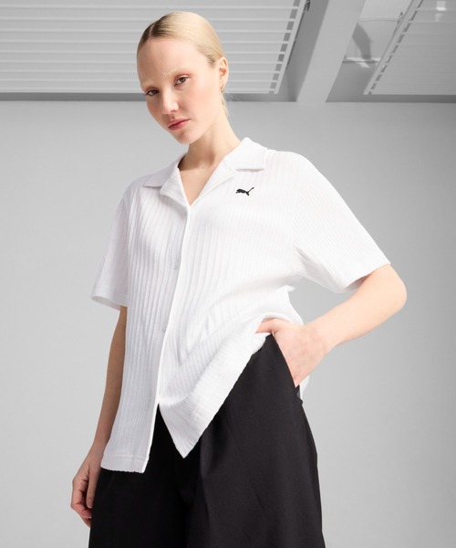 PUMA(プーマ)の「PUMA プーマ ウィメンズ ワードローブ ESS リブ ポインテール 半袖 シャツ(Tシャツ/カットソー・レディース・ホワイト/パープル・X-LARGE/SMALL/MEDIUM/LARGE/X-SMALL)」の1枚目の写真