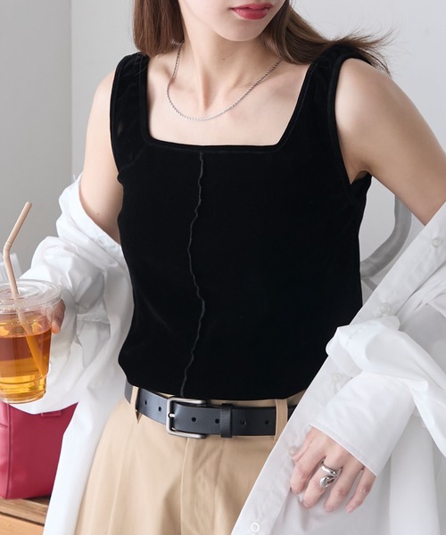 BONLECILL(ボンルシール)の「2WayベロアチュールノースリーブT(タンクトップ・レディース・ピンク/モカ/チャコールグレー/カーキ/ブラック/アイボリー・FREE)」の20枚目の写真