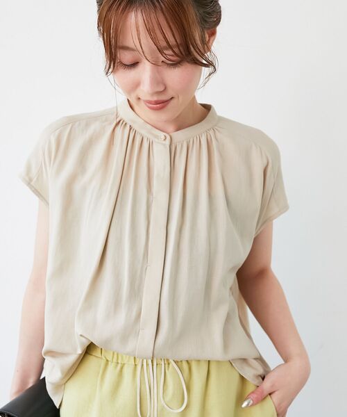 le.coeur blanc(ルクールブラン)の「《手洗い可能》T/R追撚フレンチスリーブブラウス(シャツ/ブラウス・レディース・ベージュ/ブラック/ミント・38)」の1枚目の写真