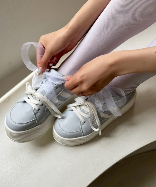 one after another NICE CLAUP(ワンアフターアナザーナイスクラップ)の「【新色追加】プラットフォームリボンカスタムスニーカー(スニーカー・レディース・ホワイト/ネイビー/サックスブルー・S/M/L)」の15枚目の写真