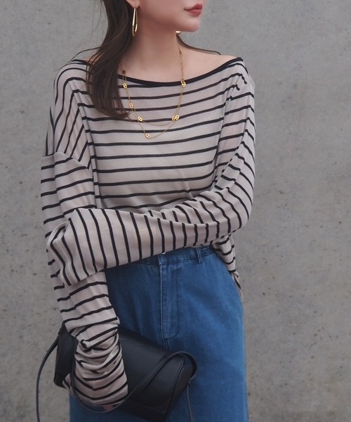 LAULEN(ローレン)の「border sheer long tops /ボーダーシアーロングTシャツ(Tシャツ/カットソー・レディース・ブラック/ベージュ・FREE)」の1枚目の写真